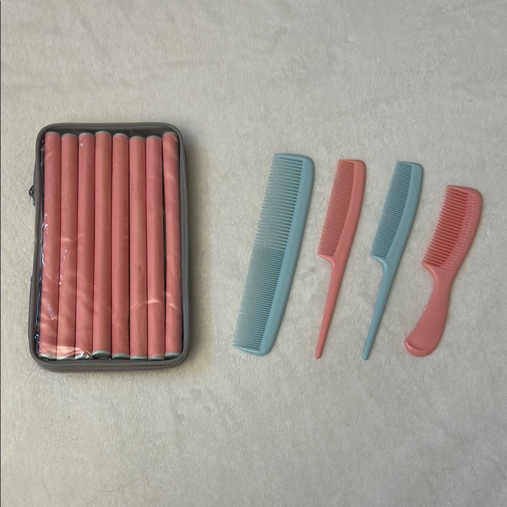 Pink and Blue Comb Set with Hair Curlers & Case